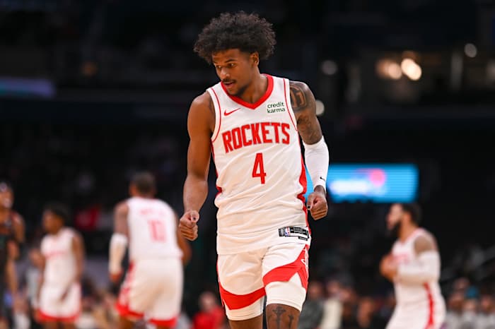 Rockets guard Jalen Green (4) reacts after making a three-point basket during the first half against the Washington Wizards at Capital One Arena.